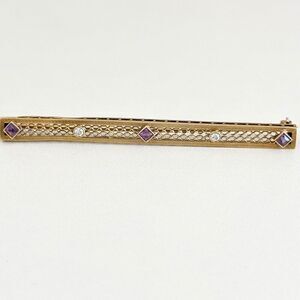 Antique 14K Solid Yellow Gold Intricate Detail Amethyst & Diamond Bar Brooch Pin